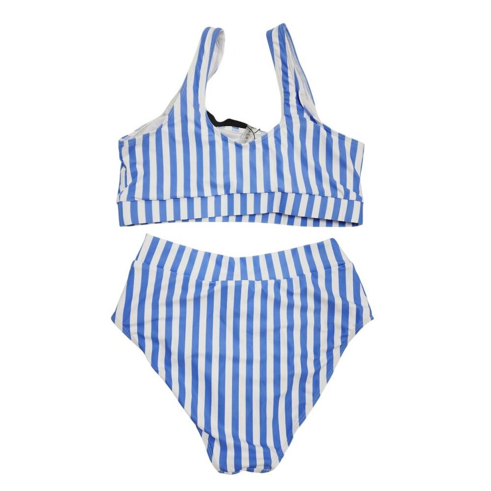 Blue White Striped Bikini Set Scoop Neck Top High Waist Bottoms Size M Tempt Me - Picture 2 of 6